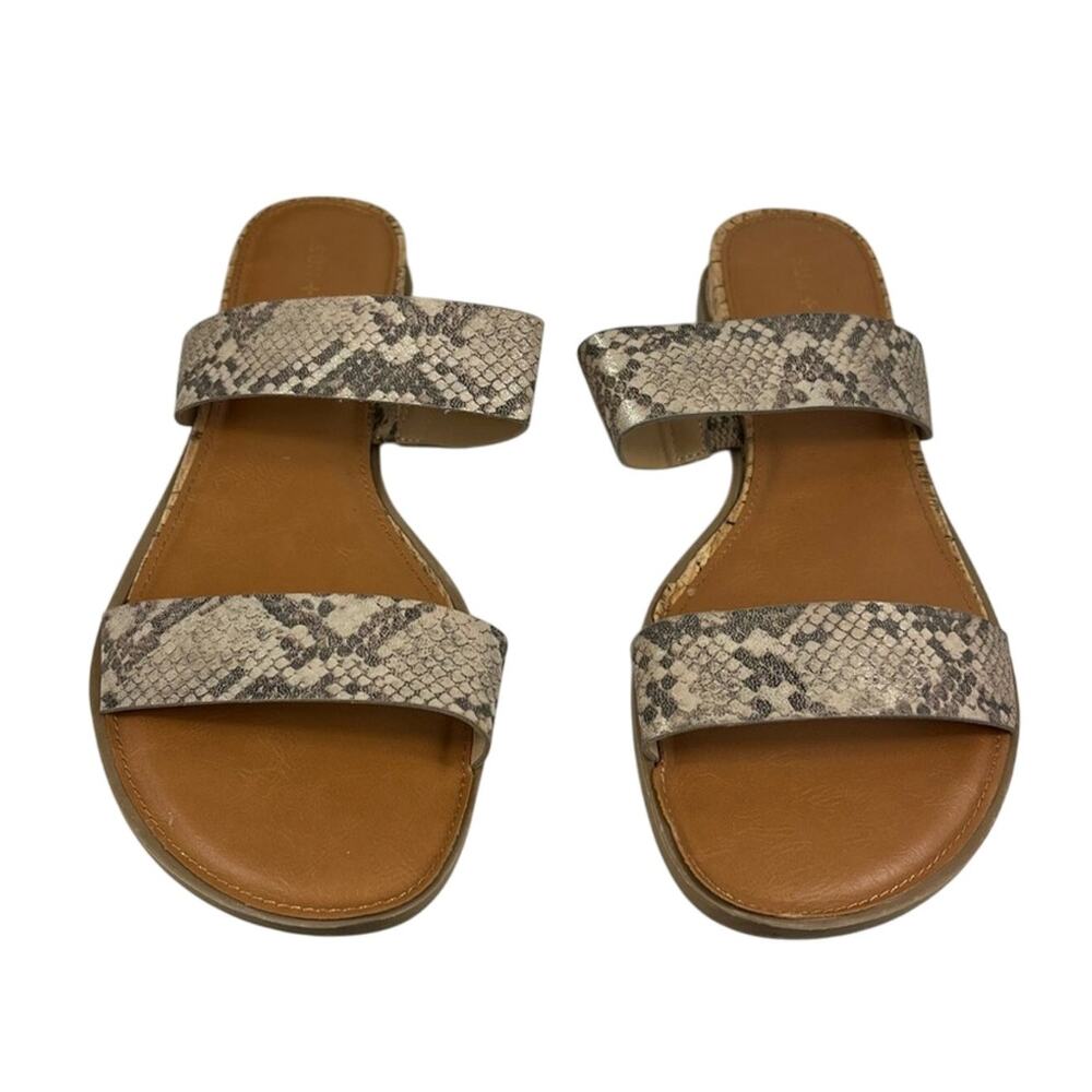 SUN + STONE Tan Snake Skin Eastern Strappy Slip On Slide Sandals‎ Flat Sz 10.5